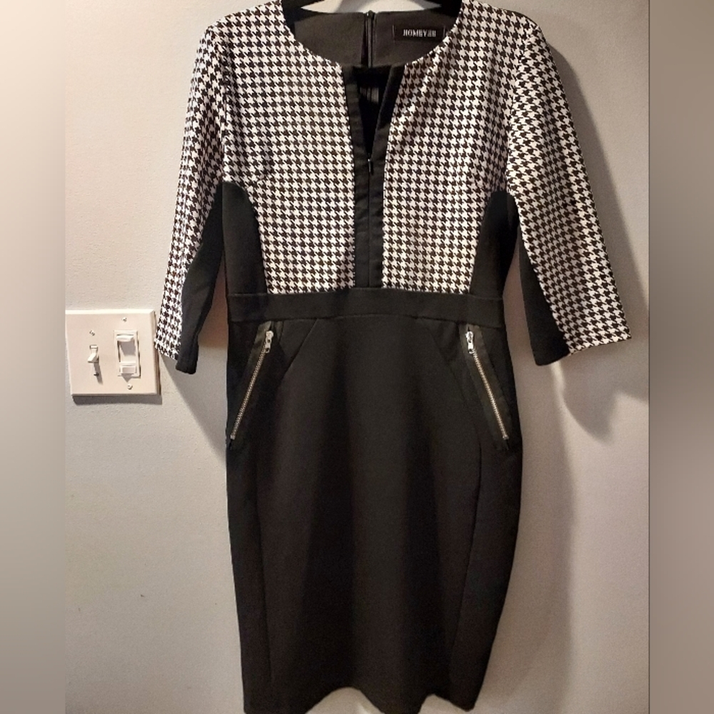 Homeyee Body-con Black and White Houndstooth 3/4 Sleeve Dress in Size 10 - Picture 1 of 12